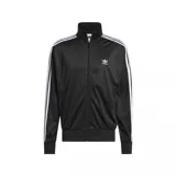 Campera deportiva Adidas Firebird negra con cierre frontal, cuello alto y tres rayas blancas en las mangas.
