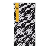Cuello multifuncional Buff con estampado de letras en blanco y negro, con logo de la marca en amarillo.
