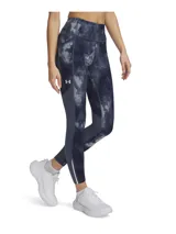 Calza deportiva Under Armour Launch Ankle Print para mujer, con estampado abstracto en tonos azul y gris, corte ajustado, cintura alta, bolsillos laterales y logo reflectivo.