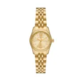 Reloj Michael Kors modelo Lexington, con caja y pulsera de acero inoxidable color dorado. La esfera es dorada con indicadores de hora con incrustaciones de cristal.