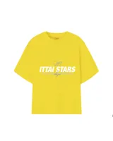 Remera celeste de corte recto con estampado frontal con el texto "Ittai Stars Ibiza".