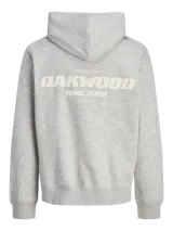 Canguro gris melange con capucha, mangas largas y puños acanalados. Estampado en la espalda con el logo "Oakwood" y la leyenda "Established 1990, Nine Zero, 90291 LA County".