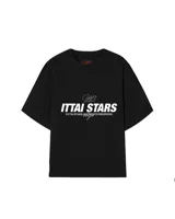 Remera rosa de corte holgado con estampado frontal que incluye el texto "Ittai Stars Ibiza".