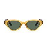 Lentes de sol unisex con montura de plástico reciclado color amarillo translúcido y lentes verdes con filtro UV 400.