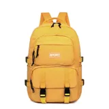 Mochila amarilla de tela Oxford con dos bolsillos frontales, correas de hombro acolchadas, correas de ajuste laterales y frontales.
