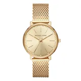 Reloj Michael Kors modelo Pyper, color dorado con caja de acero de 38mm, cristal mineral, esfera dorada con indicadores de hora con cristales y malla milanesa de acero inoxidable. Resistente al agua hasta 50 metros.