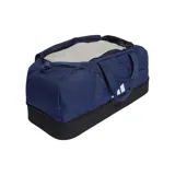 Bolso de deporte Adidas Tiro League, color azul marino con base negra y logo blanco. Cuenta con doble asa de mano, correa de hombro ajustable, compartimento principal con cierre en forma de U, bolsillo lateral de malla y compartimento inferior rígido.