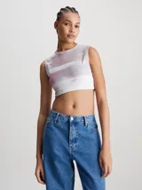 Remera cropped sin mangas de punto de algodón elástico con textura de canalé y estampado multicolor.