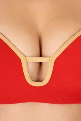 Top de bikini rojo con ribetes dorados, escote con abertura central, copas preformadas, breteles delgados ajustables y amarre en la espalda.