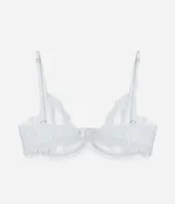 Soutien media taza blanco, confeccionado en encaje con recorte satinado en el busto, con aro y breteles ajustables. No tiene copa.