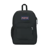 Mochila JanSport negra, modelo Cross Town Plus, con compartimento acolchado para laptop, base reforzada, espalda acolchada, bolsillo frontal con cierre y bolsillo lateral de malla. Logo de JanSport en el frente.