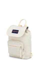 Mochila mini de poliéster color negro con logo JanSport en el frente, asa de mano y bolsillo frontal con cierre.