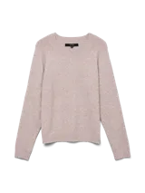 Suéter de punto color lila con cuello redondo y mangas largas.