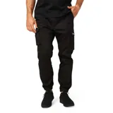 Pantalón cargo negro con cintura elástica ajustable con cordón, bolsillos laterales tipo cargo, bolsillo trasero para herramientas y puños elásticos.
