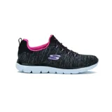 Championes Skechers Summits Quick Getaway, color negro jaspeado con detalles en fucsia. Capellada de malla knit suave, cordones elásticos y plantilla Memory Foam.