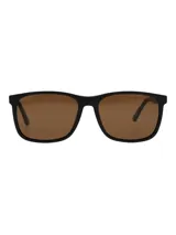 Lentes de sol RKF Viterbo para hombre, con montura rectangular negra y lentes marrones. Incluye estuche rígido marrón y paño de limpieza verde.