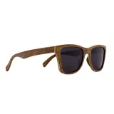 Lentes de sol con marco cuadrado de madera color marrón claro y lentes negros.