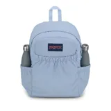 Mochila en color azul con un compartimento principal, bolsillos laterales para botellas, y funda interna acolchada para laptop de hasta 15 pulgadas.