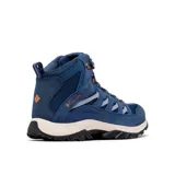 Bota de trekking de caña media Columbia Crestwood Mid Waterproof, color gris con detalles en rojo. Capellada de cuero, malla y cincha, con tecnología impermeable Omni-Tech.