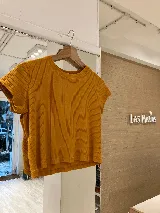 Remera básica de morley de algodón, color mostaza, con cuello redondo y mangas cortas.