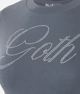 Remera femenina de algodón color gris oscuro, con cuello redondo, manga corta y estampado "Goth" con aplicaciones de brillo en el frente.