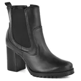 Bota de cuero negra con elástico lateral, caña media, punta redondeada, plataforma con suela track y taco cuadrado.
