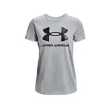 Remera gris de mujer marca Under Armour, de corte clásico y manga corta. Presenta el logo de la marca estampado en el pecho con diseño camuflado en tonos azules y negros.