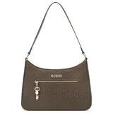 Cartera de hombro Guess modelo Tana, color marrón con estampado del logo de la marca. Tiene correa de hombro marrón oscuro, cierre superior y herrajes color níquel.