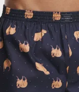 Calzoncillo tipo bóxer de tela color azul marino, con estampado de carpinchos en tonos marrones y puntos blancos. Tiene cintura elástica con la marca "Viko" en el centro.