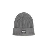 Gorro de lana Puma acanalado, color gris, con logo de la marca en etiqueta cosida en el frente.
