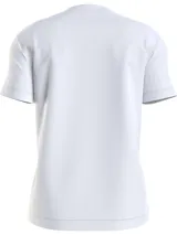 Remera blanca de algodón con cuello redondo y mangas cortas. Estampado frontal con el monograma CK en color fucsia con efecto spray y logo de Calvin Klein Jeans.