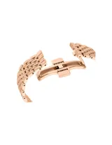 Reloj Swarovski Swiss Made, modelo Crystalline Wonder, con caja de acero inoxidable en tono oro rosa y esfera blanca plateada adornada con cristales. Brazalete metálico con acabado en tono oro rosa y números arábigos. Sumergible hasta 50m.