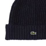 Gorro de lana Lacoste color azul marino, tejido de punto acanalado con vuelta y logo de la marca bordado en el frente.