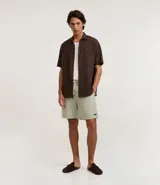 Bermuda masculina de sarga, color verde claro con estampado de rayas finas. Posee cintura elástica con cordón para ajuste y bolsillos.