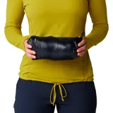 Campera gris de plumas con capucha, cierre frontal completo, bolsillos laterales con cierre y logo de la marca en el pecho.