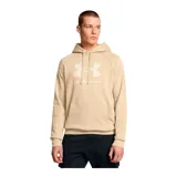 Buzo gris de Under Armour, línea Rival Fleece, con capucha y logo estampado en el frente.