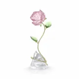 Flor decorativa de cristal rosa con 150 facetas y tallo de metal dorado, diseñada para simbolizar el amor verdadero.