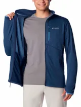 Campera polar Columbia Park View Fleece, color azul jaspeado, con cierre frontal completo, cuello alto, bolsillos laterales con cierre y bolsillo en el pecho con cierre vertical en color verde lima. Cuenta con tecnología Omni-Wick, puños elásticos con orificios para pulgares y protector de barbilla.