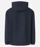 Campera rompevientos color verde oliva, con capucha ajustable con cordón, cierre frontal con cremallera, bolsillos laterales con cremallera y puños elásticos.