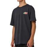 Remera negra de algodón con cuello redondo y manga corta. Presenta un pequeño estampado frontal con motivos florales y texto en tonos verde lima y rojo neón.