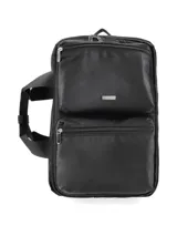 Mochila negra de diseño minimalista, con múltiples compartimentos y correas ajustables.