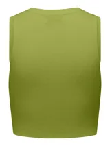 Top verde oliva de tejido de punto acanalado, con cuello redondo y sisas anchas.