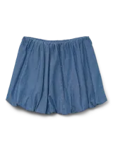 Minifalda de jean azul con cintura elastizada y corte abullonado.