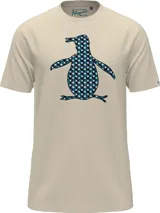 Remera color crema con estampado de un pingüino azul con diseño geométrico.
