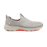 Championes Skechers GOwalk 6 Glimmering, color gris claro, sin cordones, con capellada de malla knit, plantilla Air-Cooled Goga Mat™, amortiguación ULTRA GO® y tecnología Hyper Pillar™ para mayor sujeción.