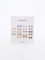 Set de 20 pares de aros dorados con diferentes diseños: perlas, estrellas, ositos, lágrimas, ojos turcos, círculos y figuras geométricas.