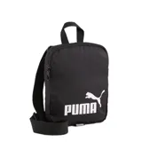 Bandolera Puma negra con logo blanco estampado en el frente, correa ajustable y asa de mano.