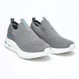 Championes Skechers Bobs Sport Unity, color gris con suela blanca y detalles en celeste. Capellada de tejido de punto Stretch Fit, plantilla acolchada de espuma viscoelástica y entresuela Dual Cushioning.
