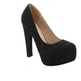 Zapatos de tacón alto negros con plataforma y apliques de strass.