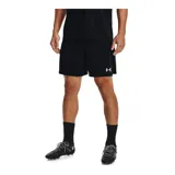 Short deportivo Under Armour Golazo 3.0 negro, de corte clásico y largo a la rodilla, con cintura elástica y logo blanco estampado en la pierna derecha.
